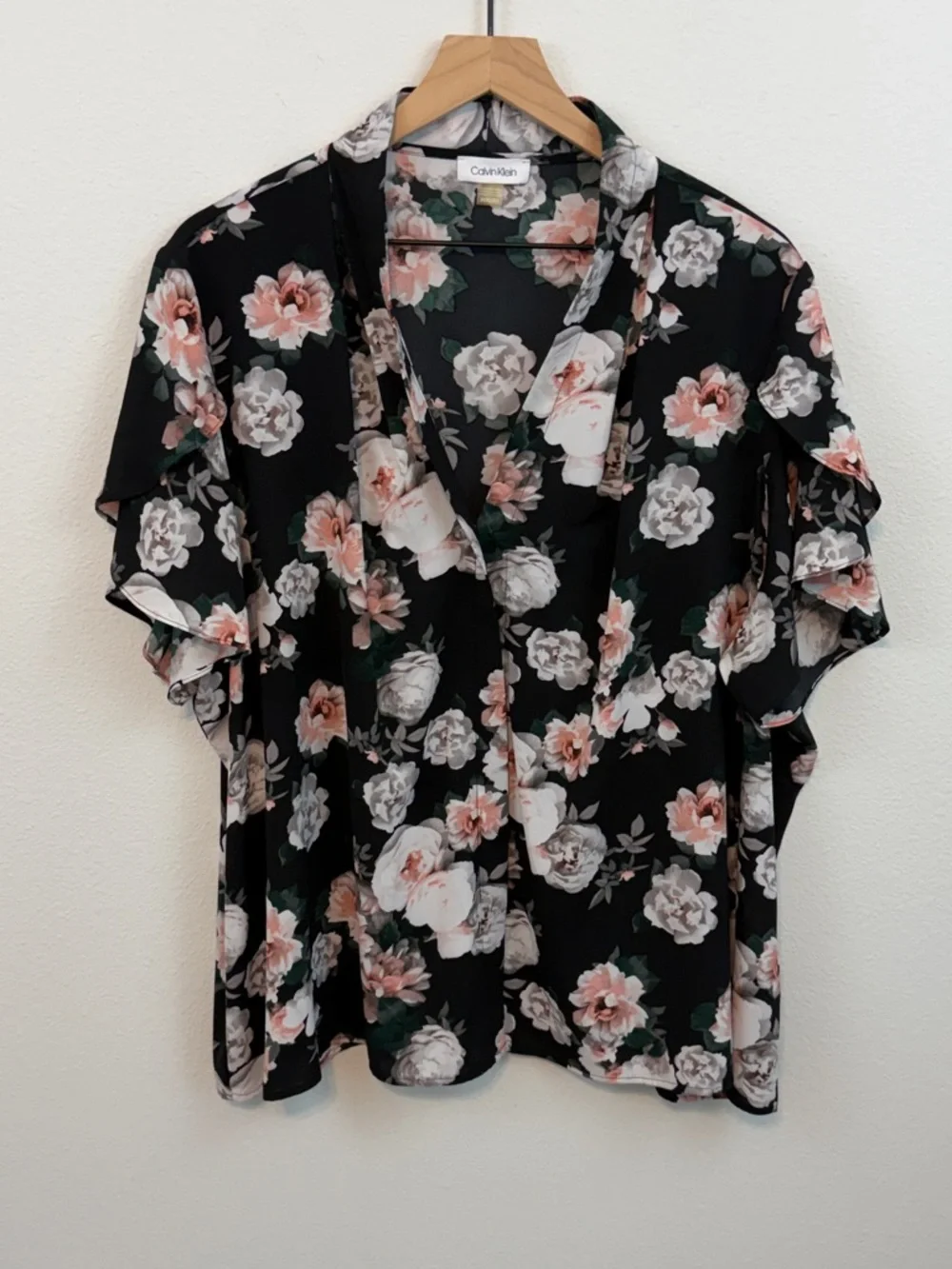 Calvin Klein Black Floral Wrap-Style Flutter Sleeve Blouse - Picture 1 of 9